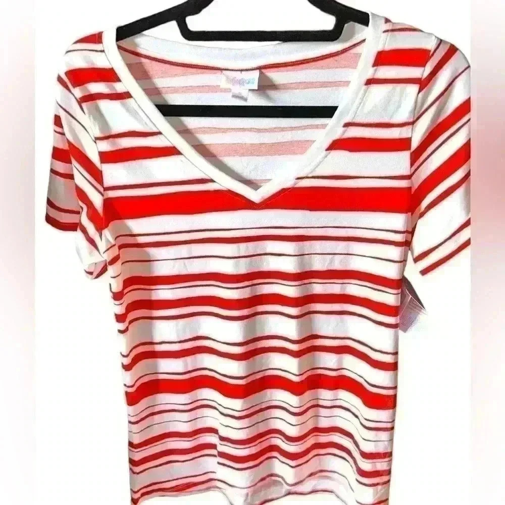 Lularoe small white with red stripes Christy V-neck T. NWT. Great with denim!
